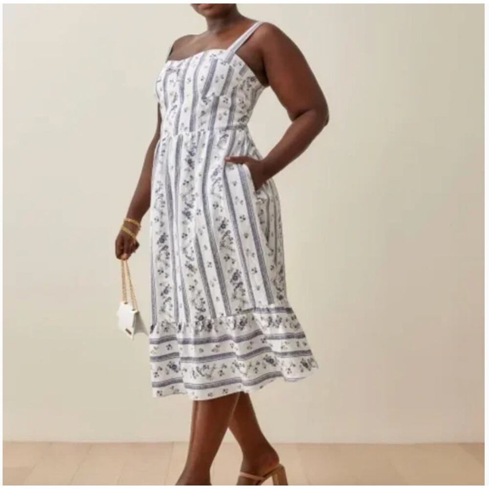 Reformation Maegan Linen Floral Midi Sundress Smocked Blue White Plus Size 18